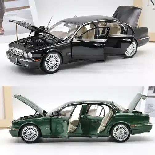 Black and green die-cast model cars with doors open.